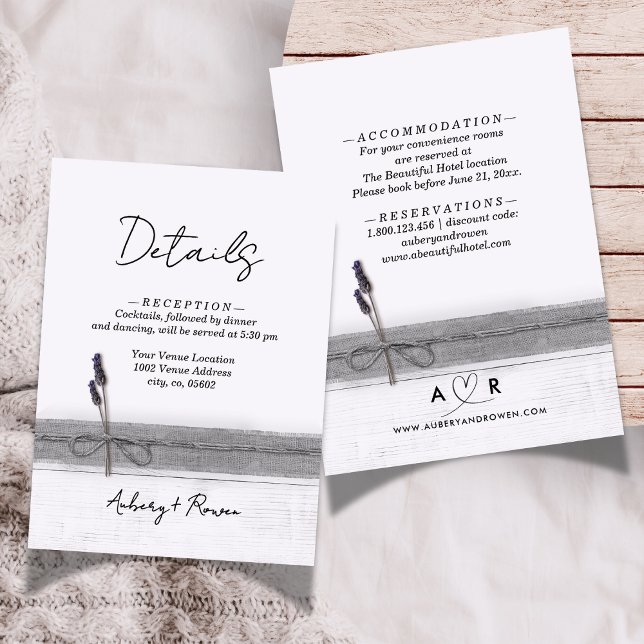 Cartão De Informações Detalhes do Casamento da Lavanda de Madeira Rustic (Criador carregado)