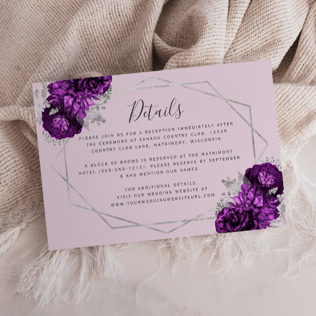 Cartão De Informações Detalhes do Casamento da Lavanda Floral de Prata R (Criador carregado)