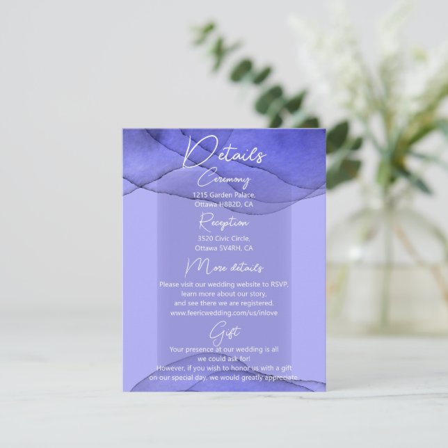 Cartão De Informações Detalhes do casamento da lavanda violeta azul (Em pé/Frente)