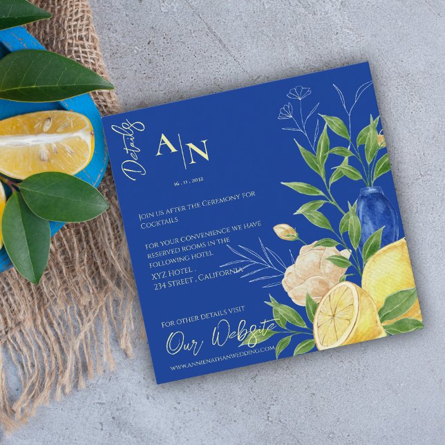 Cartão De Informações Detalhes do Casamento da Lemon Mediterrânica Blue  (Blue Floral Lemon Mediterranean Wedding Details Enclosure Card)