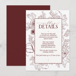 Cartão De Informações Detalhes do Casamento da Linha Floral de Borgonha