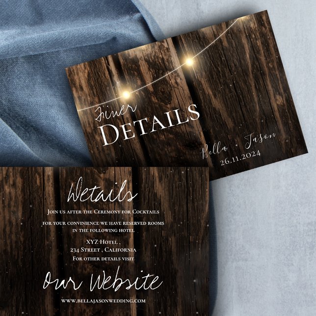 Cartão De Informações Detalhes do Casamento da Madeira Rústica Luzes do  (Criador carregado)