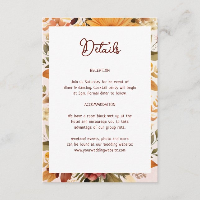 Cartão De Informações Detalhes do Casamento da Moldura Laranja Elegante (Frente)