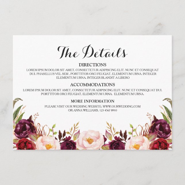 Cartão De Informações Detalhes do Casamento da Rústica Floral Vermelha B (Frente)