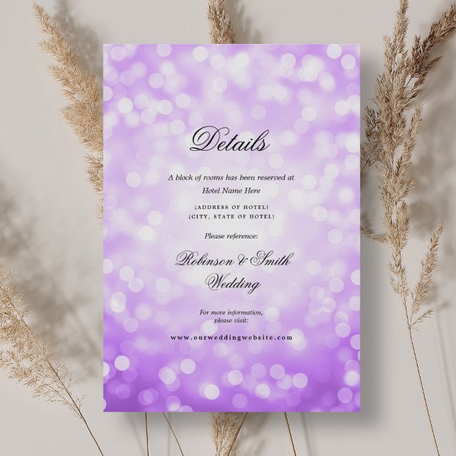Cartão De Informações Detalhes do Casamento das Luzes de Bokeh Roxo Eleg (Elegant Purple Bokeh Lights Wedding Details Enclosure Card)