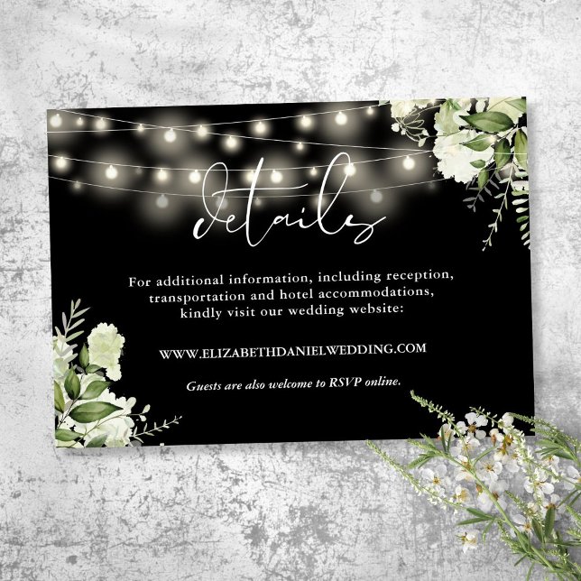 Cartão De Informações Detalhes do Casamento das Luzes Florais Greenery (Greenery Floral String Lights Wedding Details Enclosure Card)