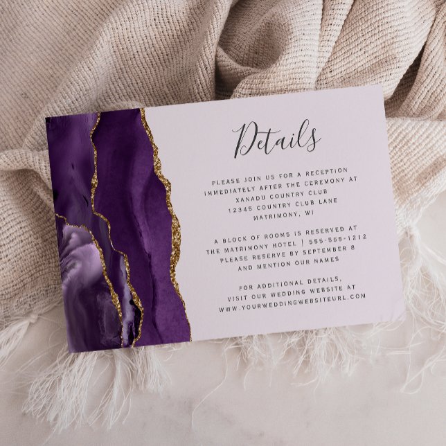 Cartão De Informações Detalhes do Casamento de Agata Dourada Roxo Modern (Criador carregado)
