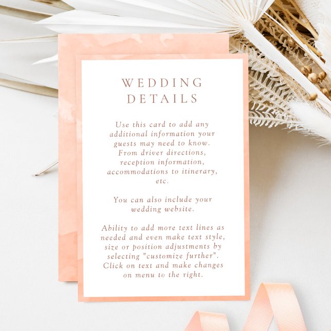 Cartão De Informações Detalhes do Casamento de Aquarela de Pêssego Elega (Criador carregado)