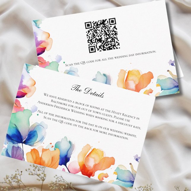 Cartão De Informações Detalhes do Casamento de Aquarela Floral Brilhante (Bright Floral Watercolor Purple Blue Orange Wedding Details Enclosure Card with QR Code )