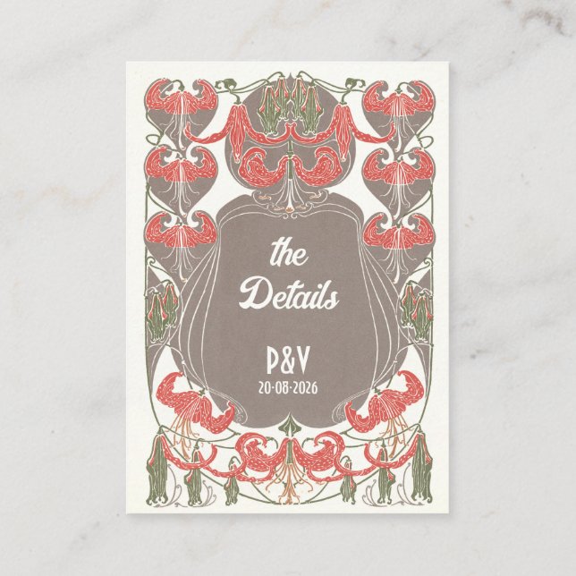 Cartão De Informações Detalhes do Casamento de Art Nouveau Fuchsia Elega (Verso)