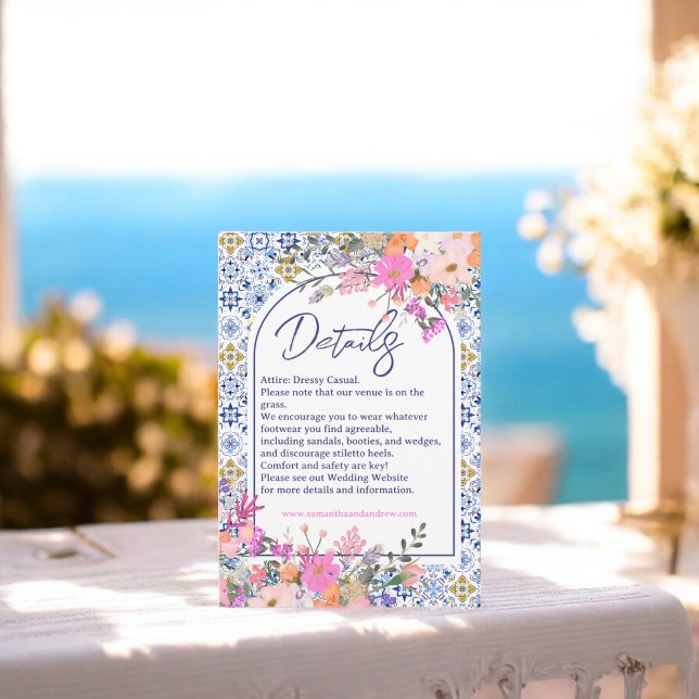 Cartão De Informações Detalhes do casamento de azulejos azuis italianos (Italian blue tiles wildflowers wedding details enclosure card)