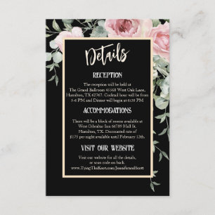 Cartão De Informações Detalhes do Casamento de Boho Floral Preto e Rosa
