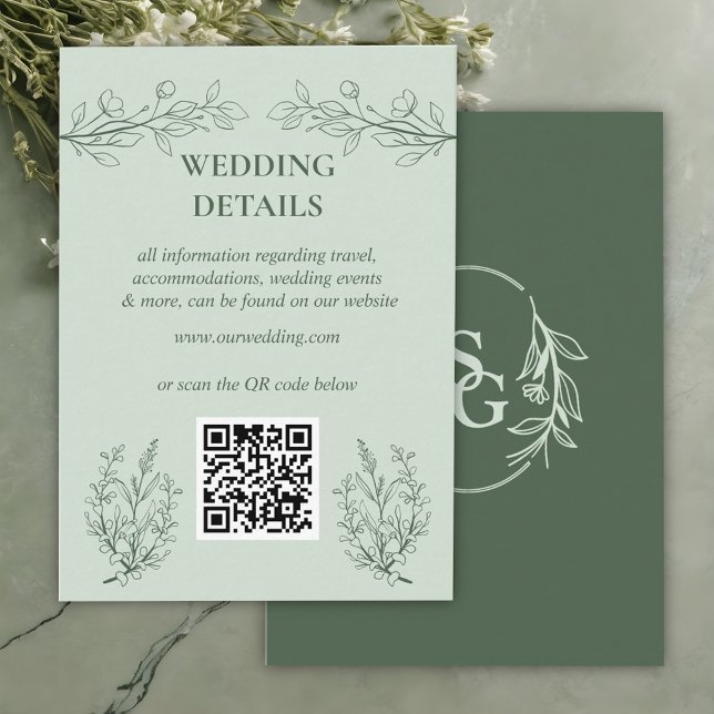 Cartão De Informações Detalhes do Casamento de Boho Simples Verde Código (Criador carregado)