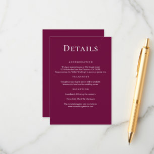 Cartão De Informações Detalhes do Casamento de Borgonha Elegante Moderno