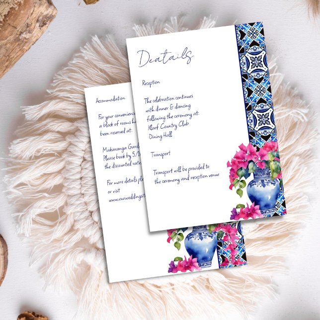 Cartão De Informações Detalhes do casamento de Bougainvillea, Azulejos f (Blue French Tiles Bougainvillea Mediterranean wedding details Enclosure Card vintage ornaments vase)