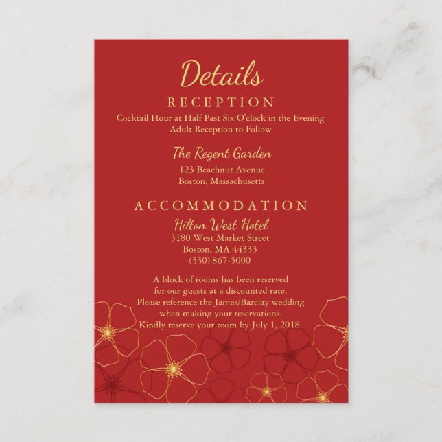 Cartão De Informações Detalhes do Casamento de Cerejeiras em Ouro Vermel (Frente)