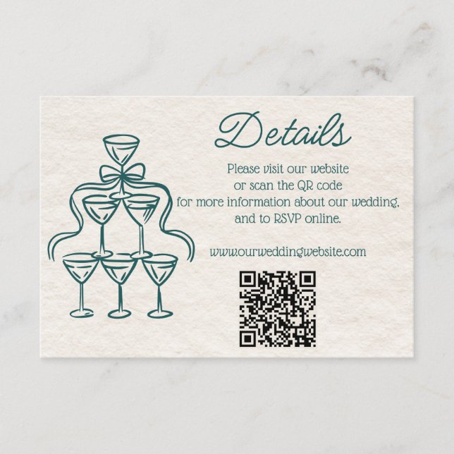 Cartão De Informações Detalhes do Casamento de Champanhe Teal Desenhado  (Frente)