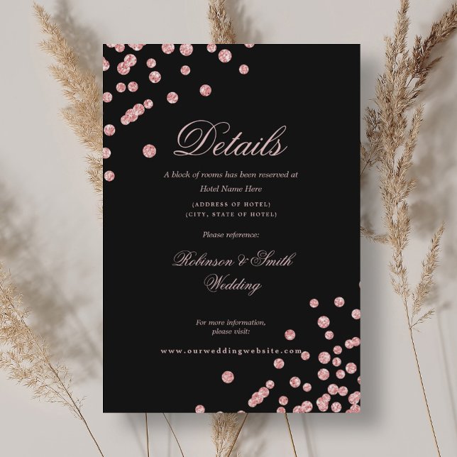 Cartão De Informações Detalhes do Casamento de Confetti, Dourado, com Ro (Romantic Rose Gold Confetti Wedding Details Black Enclosure Card)
