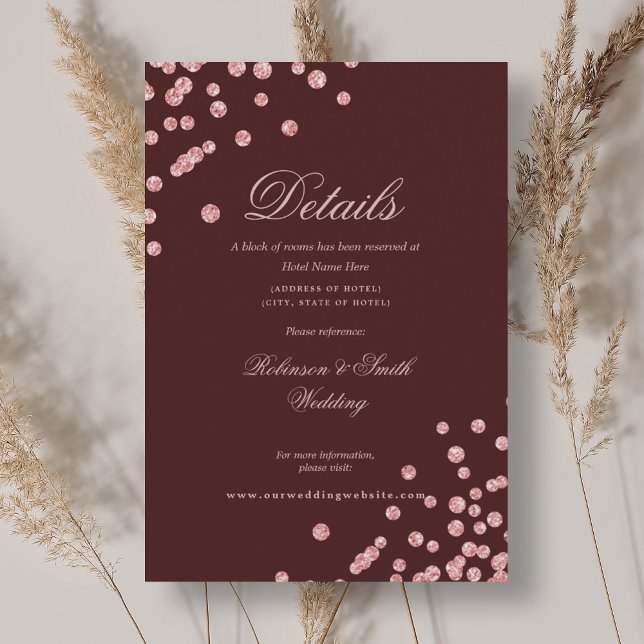 Cartão De Informações Detalhes do Casamento de Confetti, rosa Dourado, V (Rose Gold Confetti Wedding Details Burgundy red Enclosure Card)