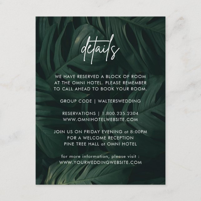 Cartão De Informações Detalhes do Casamento de Destino Tropical (Frente)