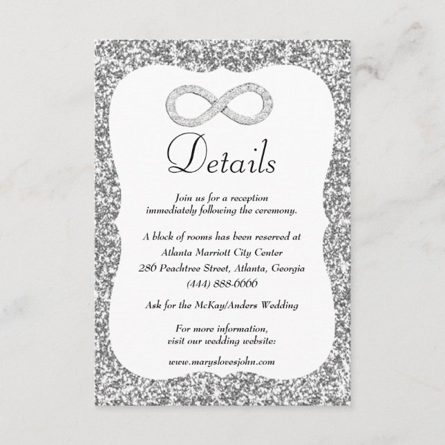 Cartão De Informações Detalhes do Casamento de Diamante com Brilho Prate (Frente)