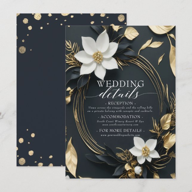 Cartão De Informações Detalhes do Casamento de Dourado e branco Floral (Frente/Verso)