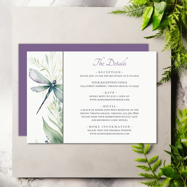 Cartão De Informações Detalhes do Casamento de Dragonfly e Greenery (Watercolor Dragonfly and Greenery Wedding Details Enclosure Card)