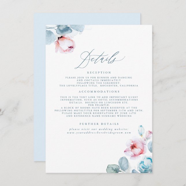 Cartão De Informações Detalhes do Casamento de Dusty Blue e Pink (Frente/Verso)