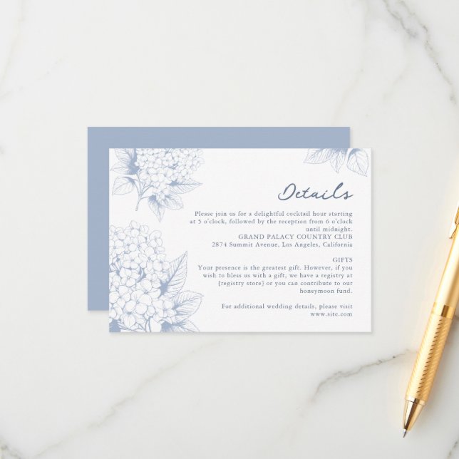 Cartão De Informações Detalhes do Casamento de Dusty Blue Hydrangea (Frente/Verso In Situ)