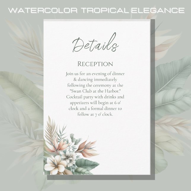 Cartão De Informações Detalhes do Casamento de Elegância Tropical de Wat (Watercolor Tropical Elegance Wedding Collection Details)