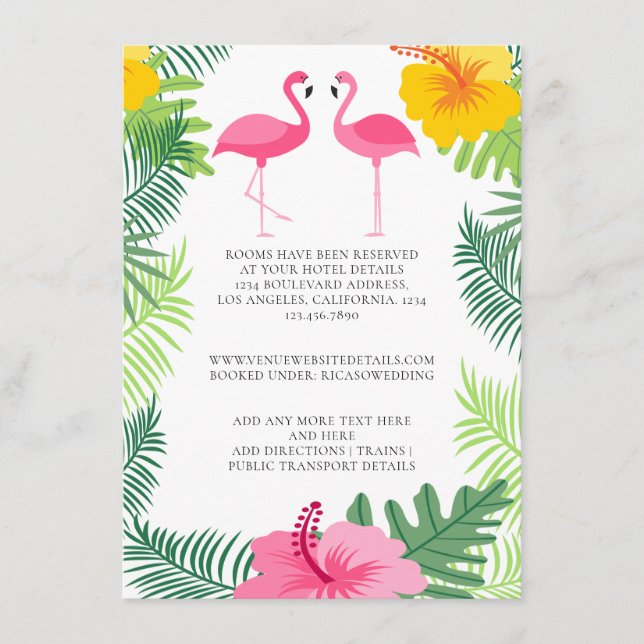 Cartão De Informações Detalhes do Casamento de Flamingo Rosa Tropical (Frente)