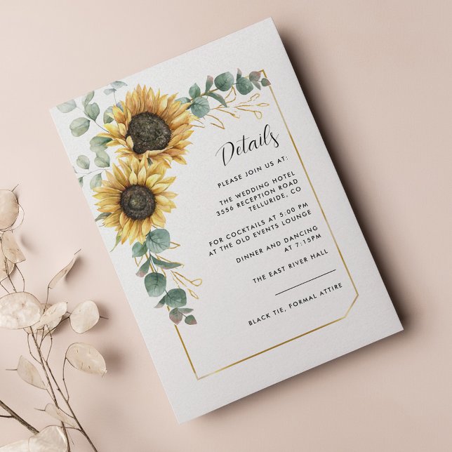 Cartão De Informações Detalhes do Casamento de Floral Sunflower Greenery (Sunflower Eucalyptus Botanical Wedding Details Enclosure Card)