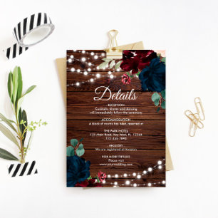 Cartão De Informações Detalhes do Casamento de Flores Marsala e Navy Enc