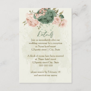 Cartão De Informações detalhes do casamento de flores verde-sálvia e ros