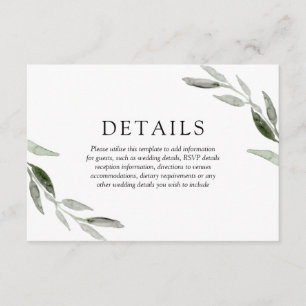 Cartão De Informações Detalhes do Casamento de Folha Verde de Verão Eleg