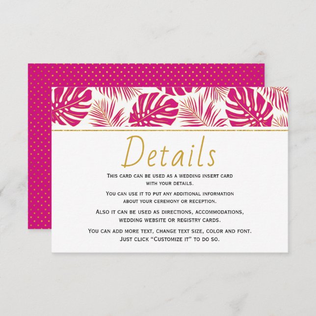 Cartão De Informações Detalhes do casamento de folhas tropicais magenta  (Frente/Verso)