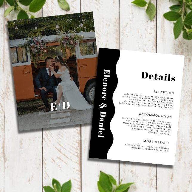 Cartão De Informações Detalhes do Casamento de Fotografias do lado branc (Simple Black White Side Wave Photo Wedding Details Enclosure Card)