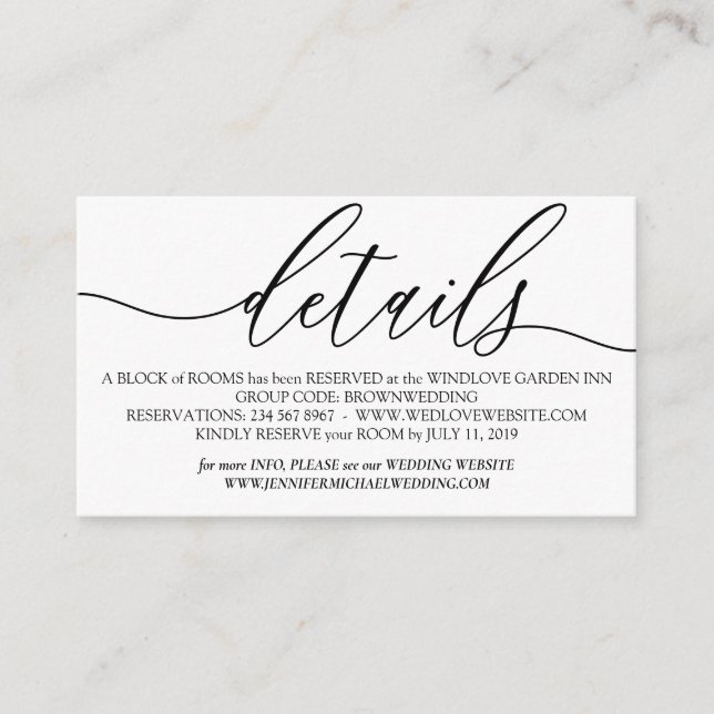 Cartão De Informações Detalhes do Casamento de Fotografias Simples Branc (Frente)