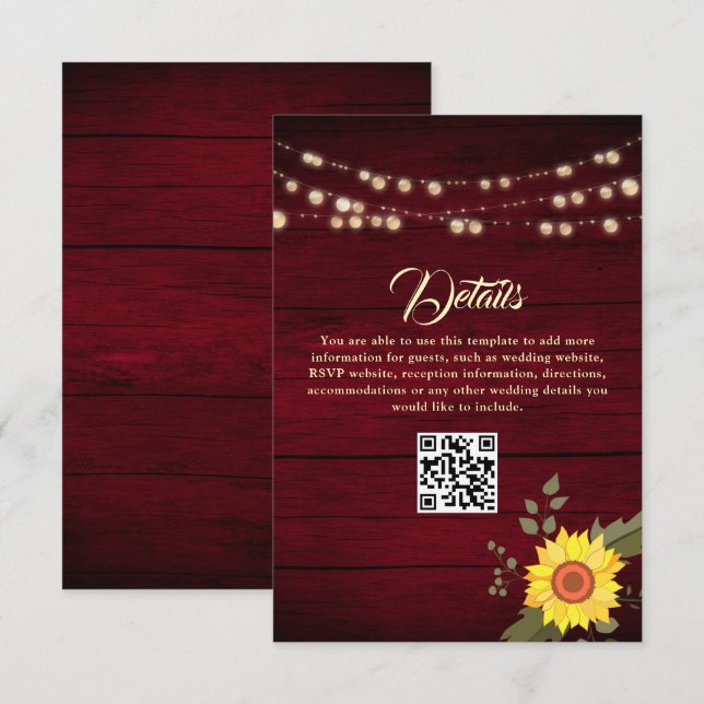 Cartão De Informações Detalhes do Casamento de Girassóis Código QR (Frente/Verso)
