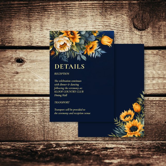 Cartão De Informações Detalhes do casamento de girassol azul-rústico mar (Fall navy blue rustic sunflower wedding details enclosure card invitation suite)
