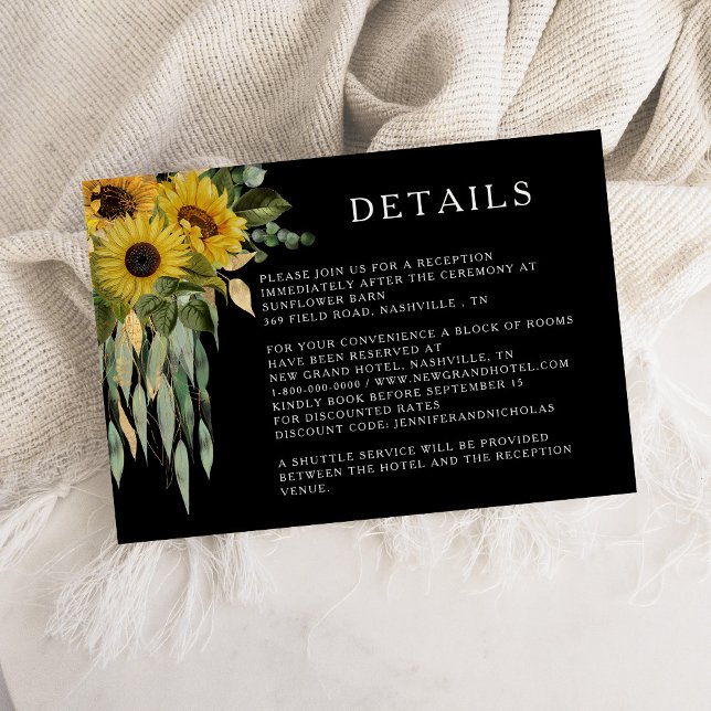 Cartão De Informações Detalhes do Casamento de Girassol Negro (Black Sunflower Wedding Details Enclosure Card)