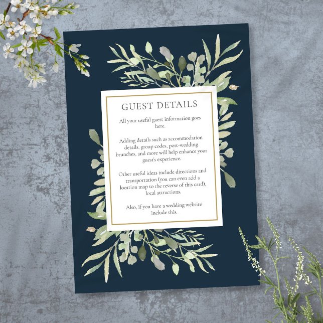 Cartão De Informações Detalhes do Casamento de Granel Azul-Vidro Verde (Deep Sea Blue Watercolor Greenery Wedding Details Enclosure Card)