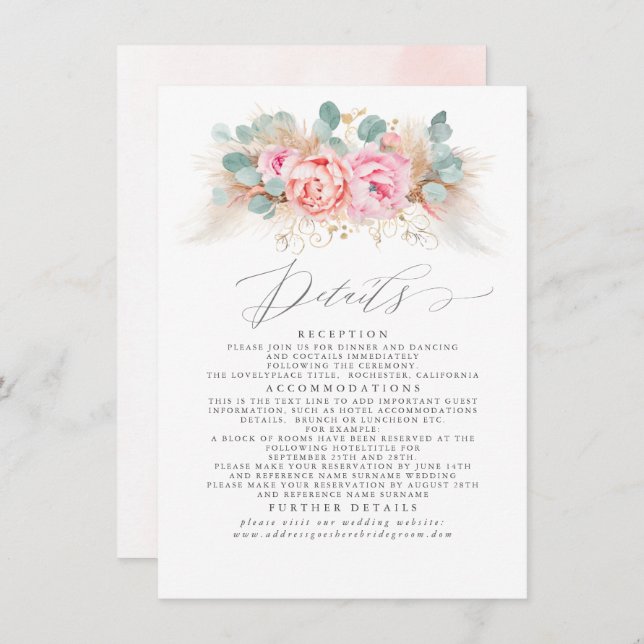 Cartão De Informações Detalhes do Casamento de Grass de Pampas Florais R (Frente/Verso)