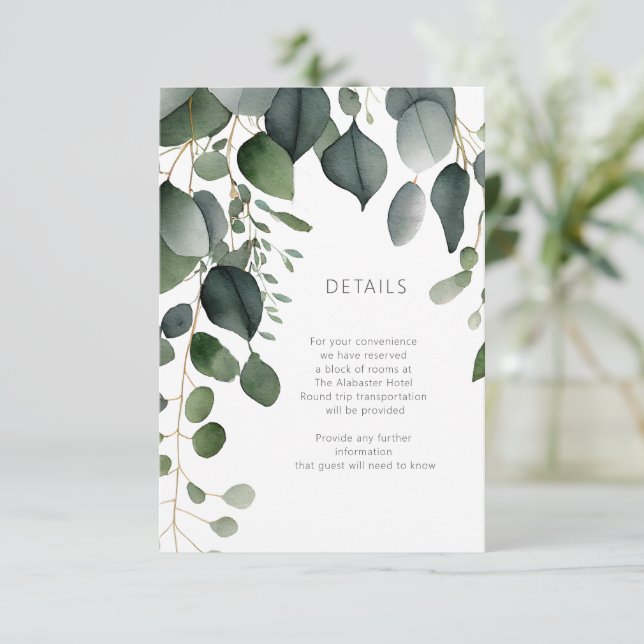 Cartão De Informações Detalhes do Casamento de Greenery e Eucalyptus (Em pé/Frente)