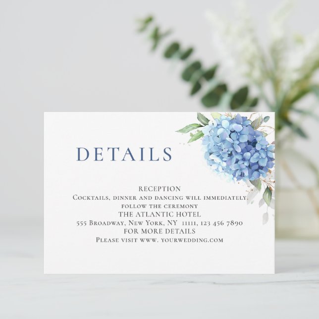 Cartão De Informações Detalhes do Casamento de Hydrangea Azul de Aquarel (Em pé/Frente)