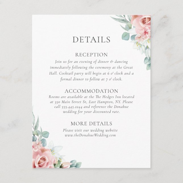 Cartão De Informações Detalhes do Casamento de Kristina Pastel Pink Flor (Frente)