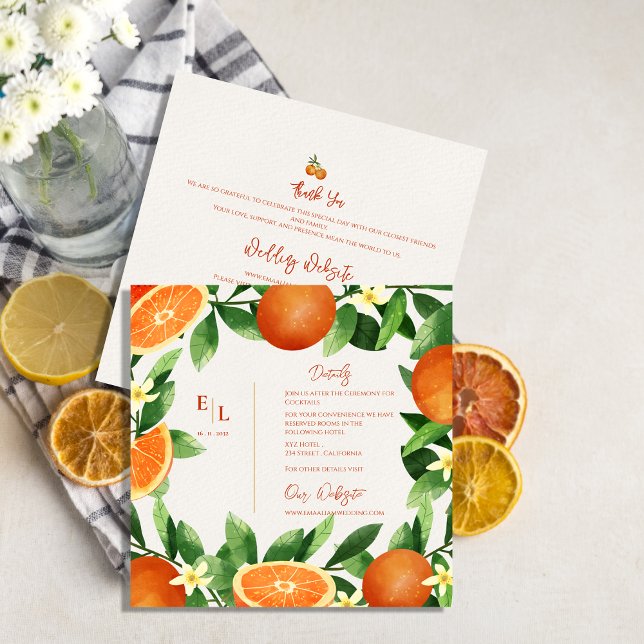 Cartão De Informações Detalhes do Casamento de Laranja Cítrica com Verdu (Rustic Greenery Citrus Orange Wedding Details Enclosure Card)