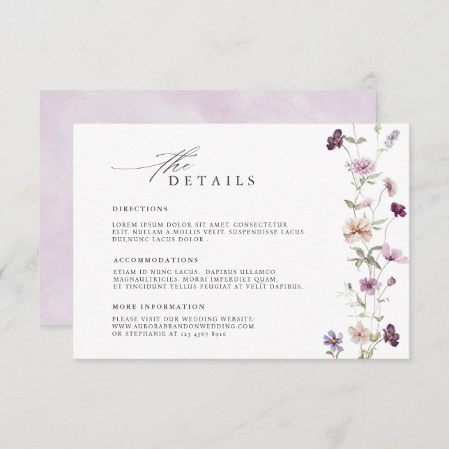 Cartão De Informações Detalhes do Casamento de Lavanda Roxo Dusty (Frente/Verso)