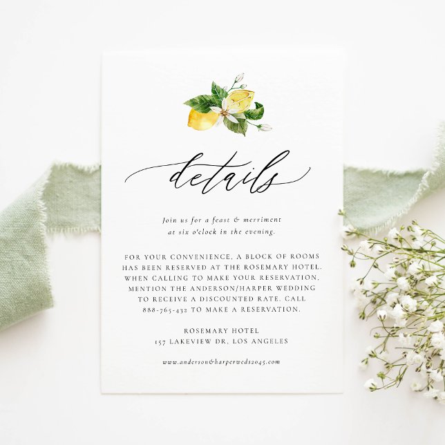 Cartão De Informações Detalhes do Casamento de Limão Botânico e Verde (Customizable Details Card with Watercolor Lemons, Blossoms and Greenery | Lemon Wedding Details Card)