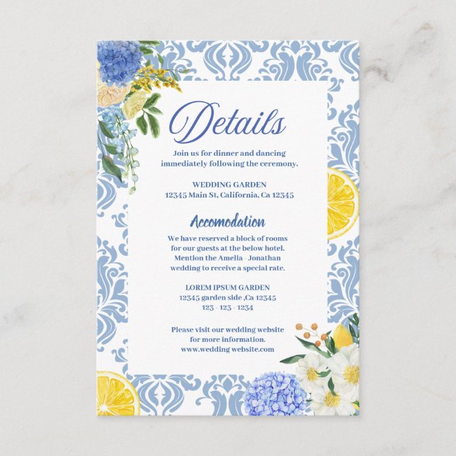 Cartão De Informações Detalhes do Casamento de Limão Mediterrâneo de Ver (Frente)